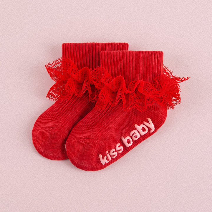 FRILLORA Baby Girl Ruffle Grip Socks, Turn Cuff - Red - 1 Pair