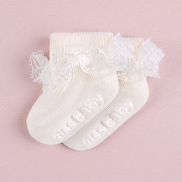 FRILLORA Baby Girl Ruffle Grip Socks, Turn Cuff - Beige - 1 Pair