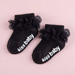 FRILLORA Baby Girl Ruffle Grip Socks, Turn Cuff - Black - 1 Pair