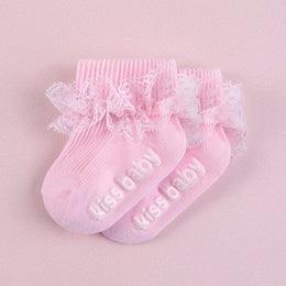 FRILLORA Baby Girl Ruffle Grip Socks, Turn Cuff - Pink - 1 Pair