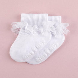 FRILLORA Baby Girl Ruffle Grip Socks, Turn Cuff - White - 1 Pair