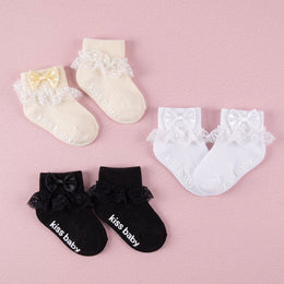 FRILLORA Baby Girl Ruffle Bow Grip Socks - Beige, White, Black - 3 Pairs