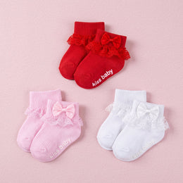 FRILLORA Baby Girl Ruffle Bow Grip Socks - Pink, White, Red - 3 Pairs