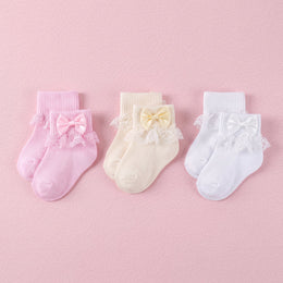 FRILLORA Baby Girl Ruffle Bow Grip Socks - White, Beige, Pink - 3 Pairs