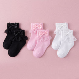 FRILLORA Baby Girl Ruffle Bow Grip Socks - White, Black, Pink - 3 Pairs