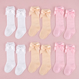 FRILLORA Newborn Baby Knee-High Socks with Bow - White, Beige, Pink - 6 Pairs
