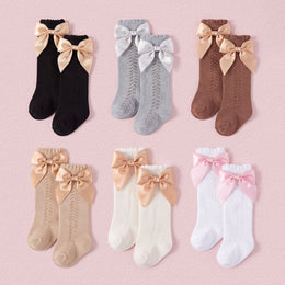 FRILLORA Newborn Baby Knee-High Socks with Bow - White, Black, Grey, Pink, Brown - 6 Pairs