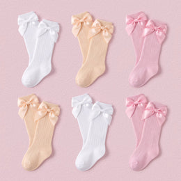 FRILLORA Baby Girl Knee-High Socks with Bow - White, Beige, Pink - 6 Pairs