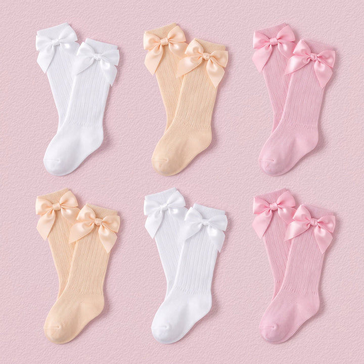 FRILLORA Baby Girl Knee-High Socks with Bow - White, Beige, Pink - 6 Pairs