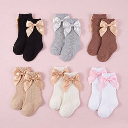FRILLORA Baby Girl Knee-High Socks with Bow - White, Black, Grey, Pink, Brown - 6 Pairs