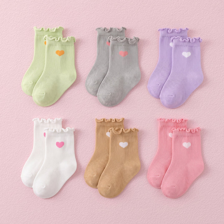 FRILLORA Girls Ruffle Grip Crew Socks, Heart Design - White, Pink, Grey, Khaki, Purple, Green - 6 Pairs