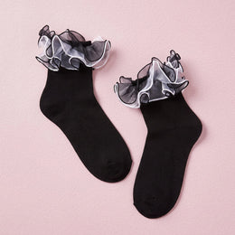FRILLORA Women's Fluffy Lace Ruffle Dress Socks - Black - 1 Pair