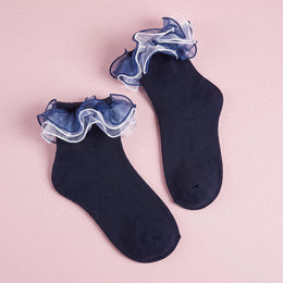 FRILLORA Women's Fluffy Lace Ruffle Dress Socks - Navy Blue - 1 Pair