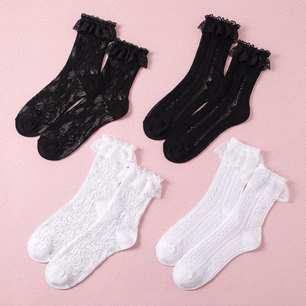FRILLORA Women's Frilly Lace Ruffle Ankle Socks - White, Black - 4 Pairs