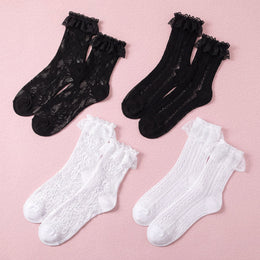 FRILLORA Women's Frilly Lace Ruffle Ankle Socks - White, Black - 4 Pairs