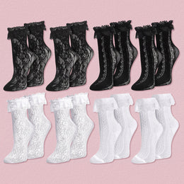 FRILLORA Women's Frilly Lace Ruffle Ankle Socks - White, Black - 8 Pairs