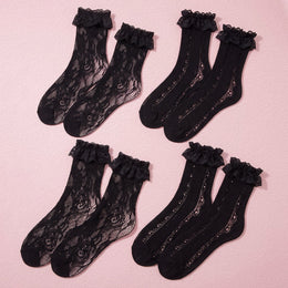 FRILLORA Women's Frilly Lace Ruffle Ankle Socks - Black - 4 Pairs