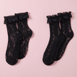FRILLORA Women's Frilly Lace Ruffle Ankle Socks - Black - 2 Pairs