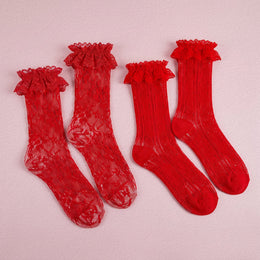 FRILLORA Women's Frilly Lace Ruffle Ankle Socks - Red - 2 Pairs