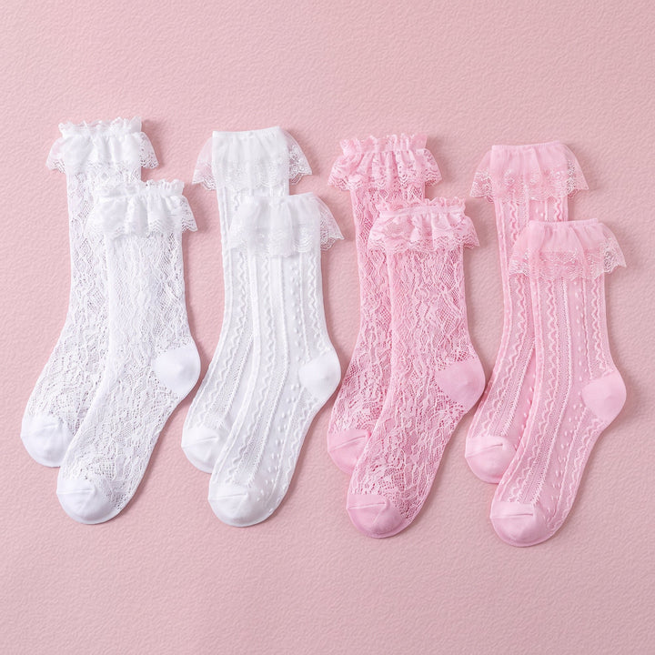 FRILLORA Women's Frilly Lace Ruffle Ankle Socks - White, Pink - 4 Pairs