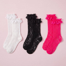 FRILLORA Women's Frilly Lace Ruffle Ankle Socks - Black, White, Hot Pink - 3 Pairs