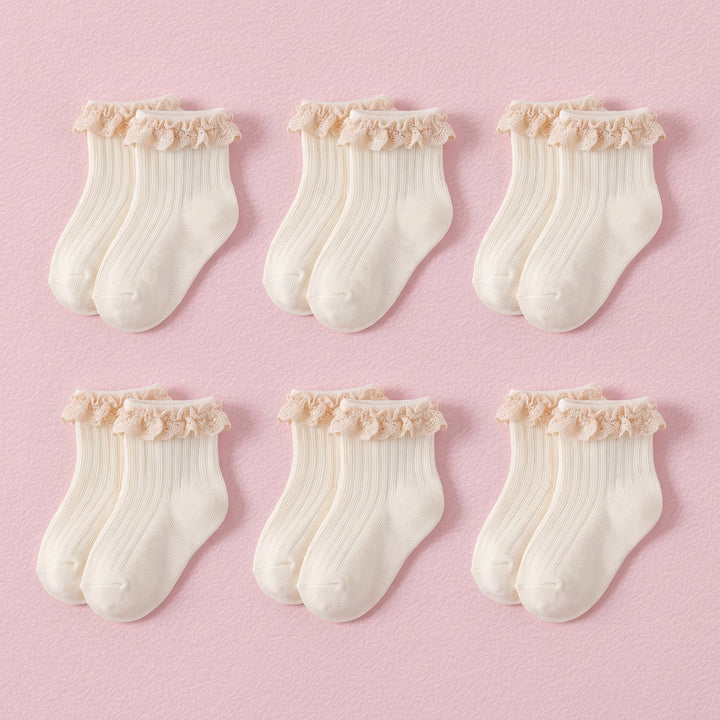 FRILLORA Baby Girl Ruffle Grip Socks for Newborns - Beige - 6 Pairs