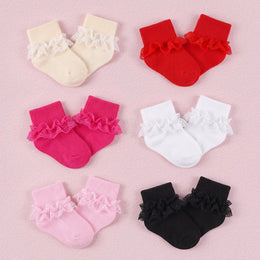 FRILLORA Baby Girl Ruffle Grip Socks for Newborns - Black, Beige, Pink, Red, White, Hot Pink - 6 Pairs