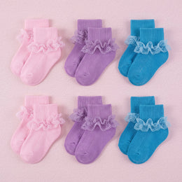 FRILLORA Baby Girl Ruffle Grip Socks for Newborns - Blue, Purple, Pink - 6 Pairs