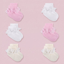 FRILLORA Baby Girl Ruffle Grip Socks for Newborns - Pink, Beige, White - 6 Pairs