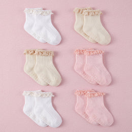 FRILLORA Baby Girl Ruffle Grip Socks for Newborns - White, Beige, Pink - 6 Pairs