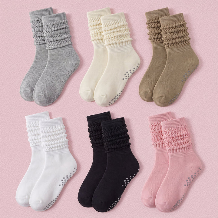 FRILLORA Women's Slouch Grip Socks for Pilates & Barre - White, Black, Khaki, Grey, Pink, Beige - 6 Pairs