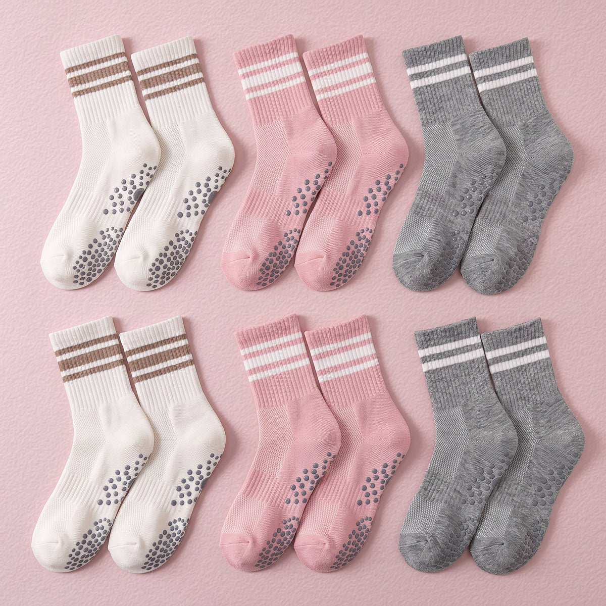 FRILLORA Women's Pilates Grip Socks with Snug Arch Band - Pink, White, Grey - 6 Pairs