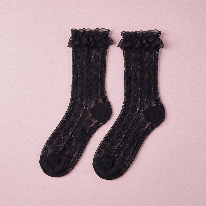 FRILLORA Women's Lace Ruffle Mesh-Trim Socks - Black - 1 Pair