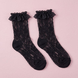 FRILLORA Women's Lace Ruffle Mesh-Trim Socks - Black 2# - 1 Pair