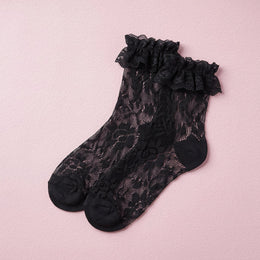 FRILLORA Women's Lace Ruffle Mesh-Trim Socks - Black 3# - 1 Pair