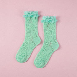 FRILLORA Women's Lace Ruffle Mesh-Trim Socks - Green 2# - 1 Pair
