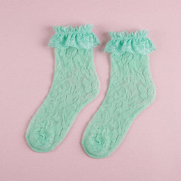 FRILLORA Women's Lace Ruffle Mesh-Trim Socks - Green 3# - 1 Pair