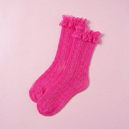 FRILLORA Women's Lace Ruffle Mesh-Trim Socks - Hot Pink - 1 Pair