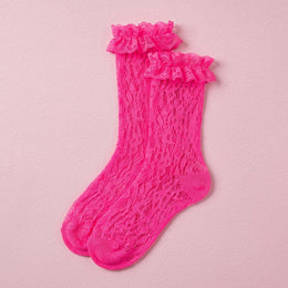 FRILLORA Women's Lace Ruffle Mesh-Trim Socks - Hot Pink 2# - 1 Pair