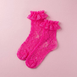 FRILLORA Women's Lace Ruffle Mesh-Trim Socks - Hot Pink 3# - 1 Pair