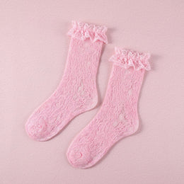 FRILLORA Women's Lace Ruffle Mesh-Trim Socks - Pink - 1 Pair