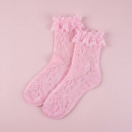 FRILLORA Women's Lace Ruffle Mesh-Trim Socks - Pink 2# - 1 Pair