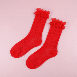 FRILLORA Women's Lace Ruffle Mesh-Trim Socks - Red - 1 Pair