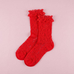FRILLORA Women's Lace Ruffle Mesh-Trim Socks - Red 2# - 1 Pair