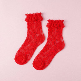 FRILLORA Women's Lace Ruffle Mesh-Trim Socks - Red 3# - 1 Pair