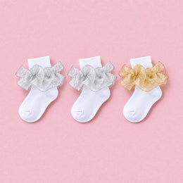 Girls Glitter Ruffle Turn-Cuff Socks, 3-pair bundle: Silver x2, Gold