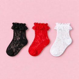 Women's Lace Ruffle Mesh-Trim Socks, 3-pair bundle: Black 3#, White 3#, Red 3#