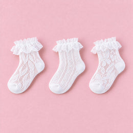 Women's Lace Ruffle Mesh-Trim Socks, 3-pair bundle: White, White 2#, White 3#
