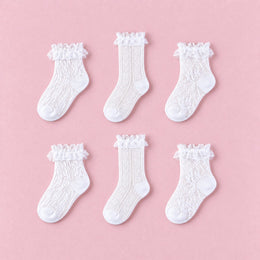 Women's Lace Ruffle Mesh-Trim Socks, 6-pair bundle: White x2, White 2# x2, White 3# x2
