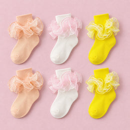 Women's Fluffy 4-Layer Ruffle Socks, 6-pair bundle: Off White x2, Light Orange x2, Yellow x2